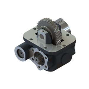 Gear pump assembly with two meshing gears, mounting flanges, and inlet/outlet ports on black and aluminum body