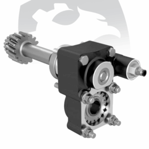 Power take-off unit with geared input shaft, black housing body, and multiple port connections for hydraulic integration